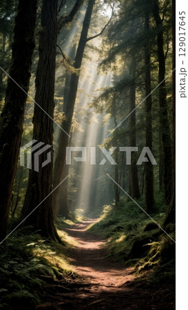 Ancient Forest Path, Nature's Embrace, Solitude, Rejuvenation. Ideal for wellness retreats, outdoor enthusiasts, mindfulness, vertical shot Ancient Forest Path, Nature's Embrace, Solitude, Rejuvenation. Ideal for wellness retreats, outdoor enthusiasts, mindfulness, vertical shot 129017645