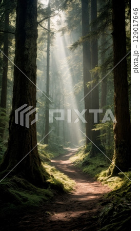 Ancient Forest Path, Nature's Embrace, Solitude, Rejuvenation. Ideal for wellness retreats, outdoor enthusiasts, mindfulness, vertical shot Ancient Forest Path, Nature's Embrace, Solitude, Rejuvenation. Ideal for wellness retreats, outdoor enthusiasts, mindfulness, vertical shot 129017646