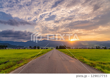 《新潟県》夏の田園風景の夕暮れ・魚沼の大地 129017733