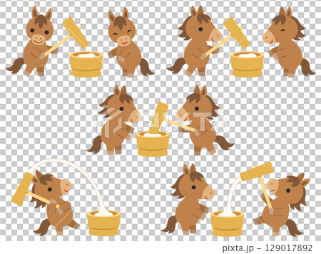 Illustration set of a horse pounding rice cakes Illustration set of a horse pounding rice cakes 129017892