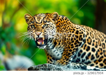 Grinning leopard in an aggressive pose in a wild forest 129017934