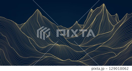 Vector art line gold mountain background, japanese abstract nature hills, rocks, sea graphic. Curve luxury view texture. 129018062