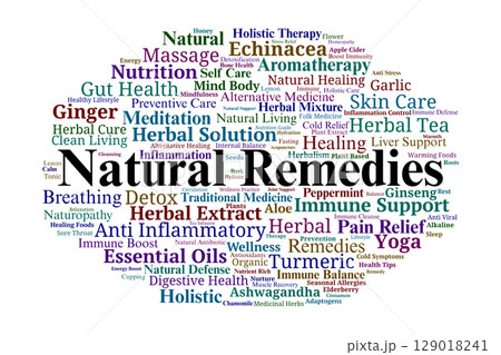 Natural Remedies Word Cloud. Keywords on Herbal Healing and Holistic Wellness Practices Natural Remedies Word Cloud. Keywords on Herbal Healing and Holistic Wellness Practices 129018241