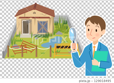 Real estate agent investigating abandoned land. Vacant house, vacant land, asset. 129018495
