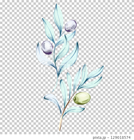 Bright and delicate watercolor olives and olive oil illustrations capturing the essence of nature and Italian cuisine Bright and delicate watercolor olives and olive oil illustrations capturing the essence of nature and Italian cuisine 129018574