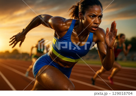 Female athlete sprinting on track at sunset, intense focus and determination during race competition 129018704