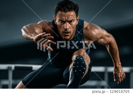 Male athlete jumping hurdle during track race, intense focus and powerful movement in action sports competition 129018705