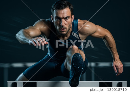 Male athlete jumping over hurdle during track and field race in dark background 129018710