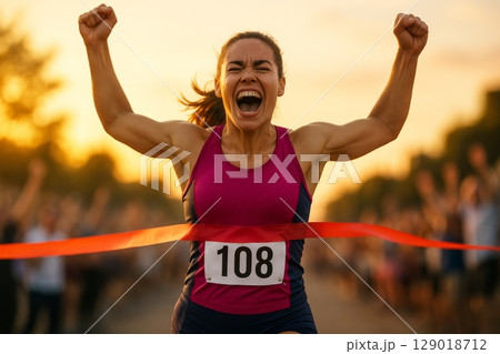 Female runner crossing finish line with arms raised in victory, celebrating win at marathon race during sunset 129018712