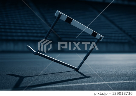 Hurdle on running track with empty stadium background, focus on obstacle. 129018736
