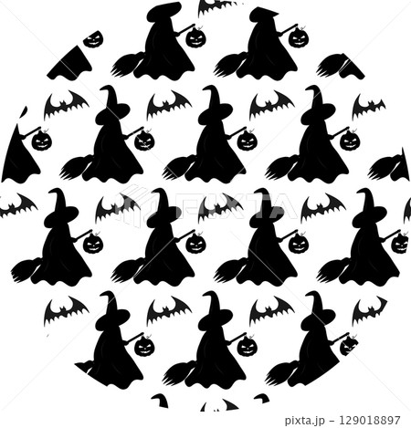 Witch Silhouette on broom with Halloween jack lantern and bat Halloween Pattern on circle Backdrop 129018897
