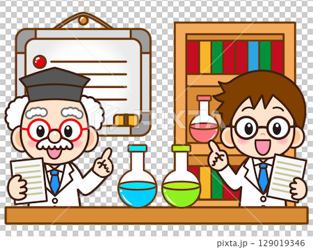 理科の授業で実験の説明をする博士と助手のイラスト素材2 129019346