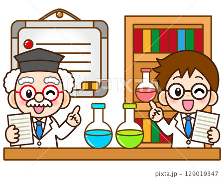 理科の授業で実験の説明をする博士と助手のイラスト素材3 129019347
