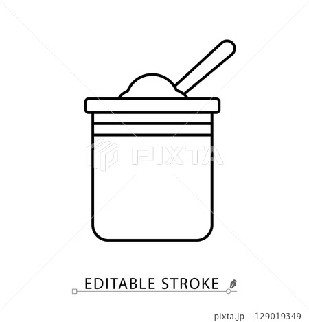 Reagent powder icon in editable stroke. Container with chemical powder and spoon outline vector. Laboratory jar for dry substances, supplements, medicine, or diagnostic mixtures. Reagent powder icon in editable stroke. Container with chemical powder and spoon outline vector. Laboratory jar for dry substances, supplements, medicine, or diagnostic mixtures. 129019349