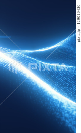 High-tech blue digital mesh forms flowing waves of data points on a dark background 129019430