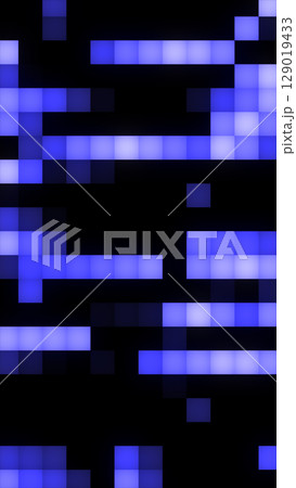 A digital grid of glowing blue squares forms an abstract, pixel-style futuristic background 129019433