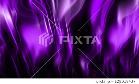 Vertical flowing streams of glowing purple light resembling abstract energy flames or aurora on a black background 129019437