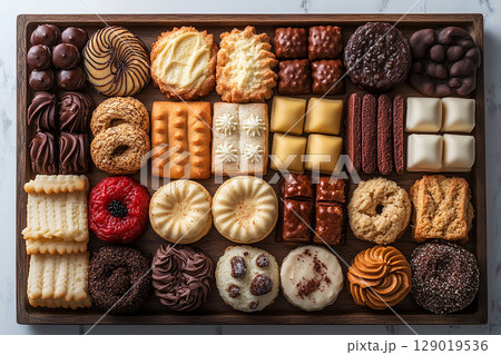 Variety of bakes and cookies in on a wooden trading tray on a white background. Variety of bakes and cookies in on a wooden trading tray on a white background. 129019536