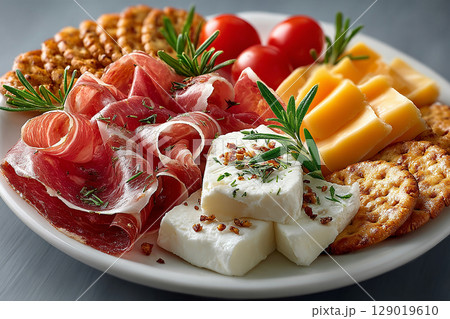White plate with slices prosciutto, pieces of brie, cheddar with crackers and tomatoes. Natural light. Classic Continental Breakfast. Hotel Breakfast Styles. 129019610