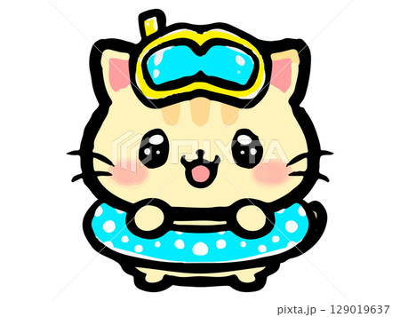 浮き輪をつけたかわいいトラ猫の落書き風イラスト素材 浮き輪をつけたかわいいトラ猫の落書き風イラスト素材 129019637