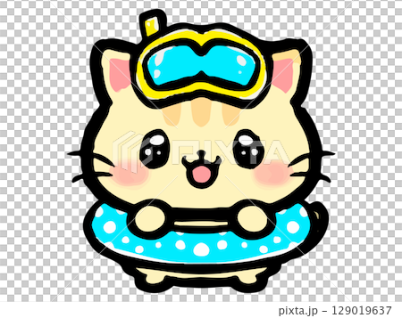 浮き輪をつけたかわいいトラ猫の落書き風イラスト素材 浮き輪をつけたかわいいトラ猫の落書き風イラスト素材 129019637