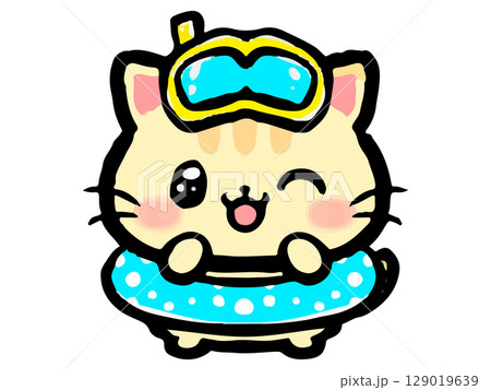 浮き輪をつけたかわいいトラ猫の落書き風イラスト素材3 129019639
