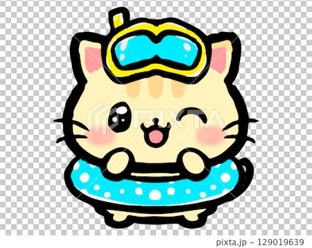 浮き輪をつけたかわいいトラ猫の落書き風イラスト素材3 129019639