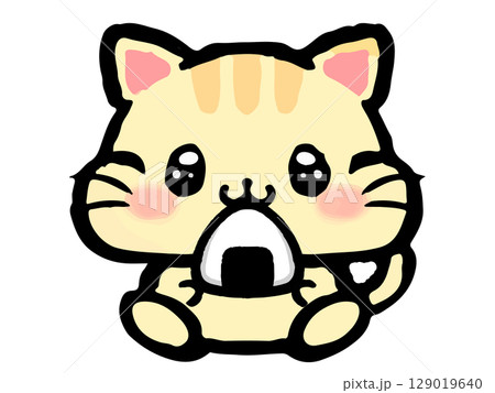 おにぎりを食べる猫の落書き風イラスト素材 おにぎりを食べる猫の落書き風イラスト素材 129019640