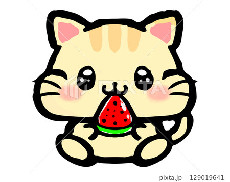 スイカを食べる猫の落書き風イラスト素材 129019641