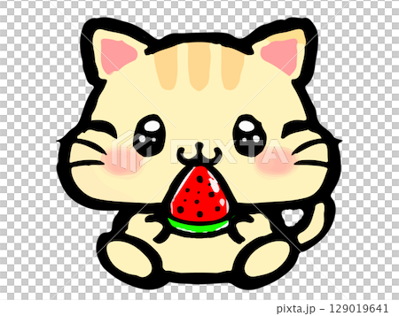 スイカを食べる猫の落書き風イラスト素材 129019641