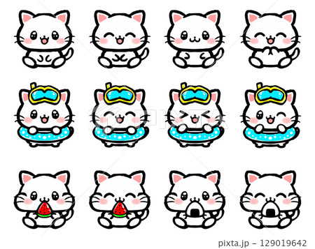 かわいい夏のネコの落書き風イラスト素材セット2 129019642