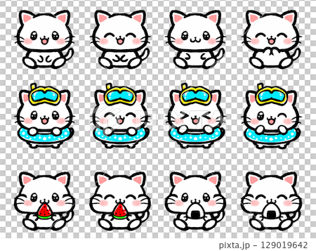 かわいい夏のネコの落書き風イラスト素材セット2 129019642