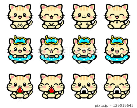 かわいい夏のネコの落書き風イラスト素材セット3 かわいい夏のネコの落書き風イラスト素材セット3 129019643