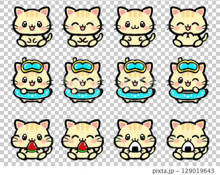 かわいい夏のネコの落書き風イラスト素材セット3 かわいい夏のネコの落書き風イラスト素材セット3 129019643
