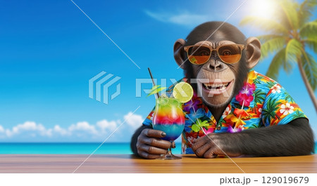 Happy Chimp on Tropical Vacation with Colorful Cocktail 129019679
