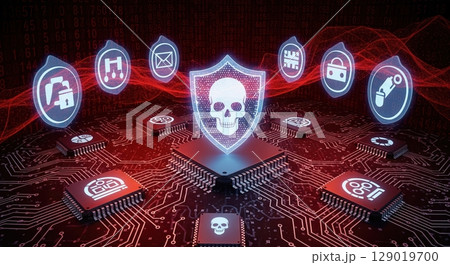 Cyber Attack Warning Digital Skull Shield on Circuit Board 129019700