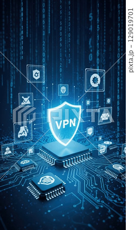 Cybersecurity VPN Shield Protecting Digital Data on Circuit Board vertical image 129019701