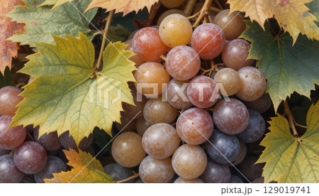 Warm Tones of Amber and Blush Grapes Amidst Earthy Autumn Leaves 129019741