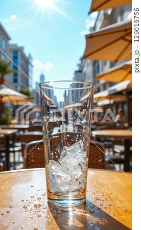 Solitary Glass with Ice on a Sun-Drenched City Cafe Table 129019756