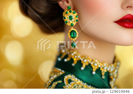 Bold runway fashion featuring a striking golden-green dress adorned with dark green accents and exquisite emerald jewelry during a high-end fashion show 129019846