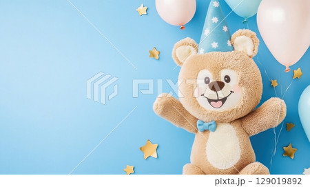 Bright and cheerful pastel balloons in pink, turquoise, and white shades float against a vibrant blue sky, creating a joyful atmosphere perfect for celebrations 129019892