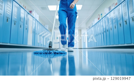 Janitorial staff member mops hallway in school setting with precision and care during a bright day Janitorial staff member mops hallway in school setting with precision and care during a bright day 129019947