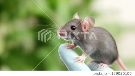 Mouse held gently in a gloved hand representing care for small animals in natural settings 129020106
