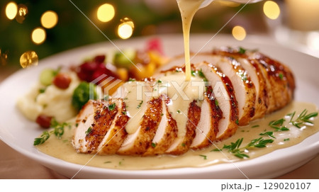 Rich golden-brown gravy being poured over slices of succulent roast turkey on a festive Thanksgiving table with hearty sides 129020107