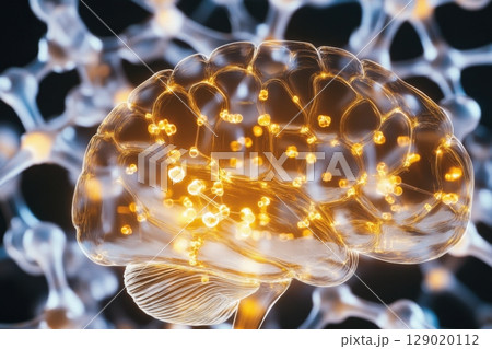 Glowing digital brain illustrates drug effects on the central nervous system with molecular structures and neurotransmitter pathways 129020112