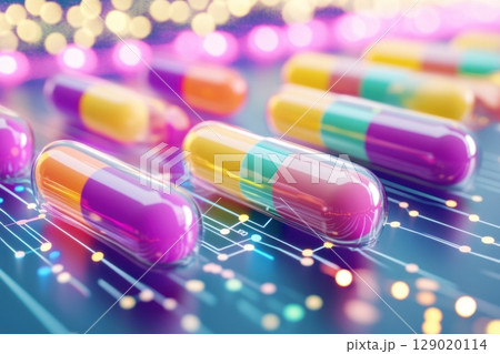 Colorful capsules and tablets arranged on a digital interface showcasing pharmacokinetics and molecular pathways with vibrant lights 129020114