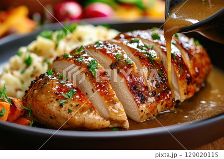 Savory golden-brown gravy enhances roast turkey slices on a Thanksgiving table with festive side dishes and warm family atmosphere 129020115
