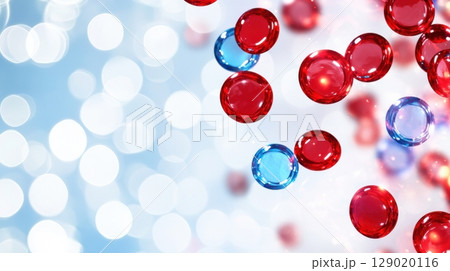 Glowing red and blue molecules illustrating drug absorption and distribution through the bloodstream in an abstract representation 129020116
