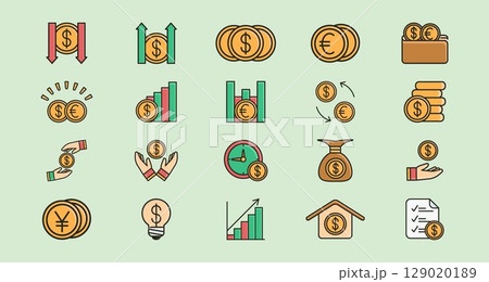 Set icon vector various money and currency finance icons suitable for financial blogs, investment websites, banking apps, and educational materials. 129020189