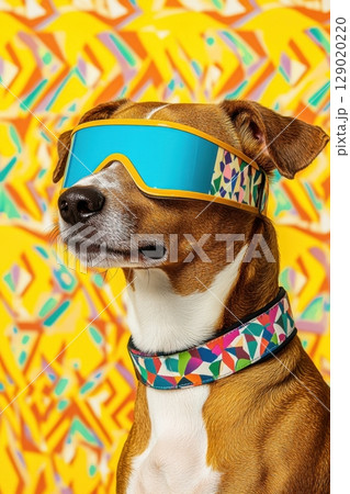 Dog models futuristic cyberpunk visor in vibrant 1970s-style room with bold wallpaper and vintage decor 129020220